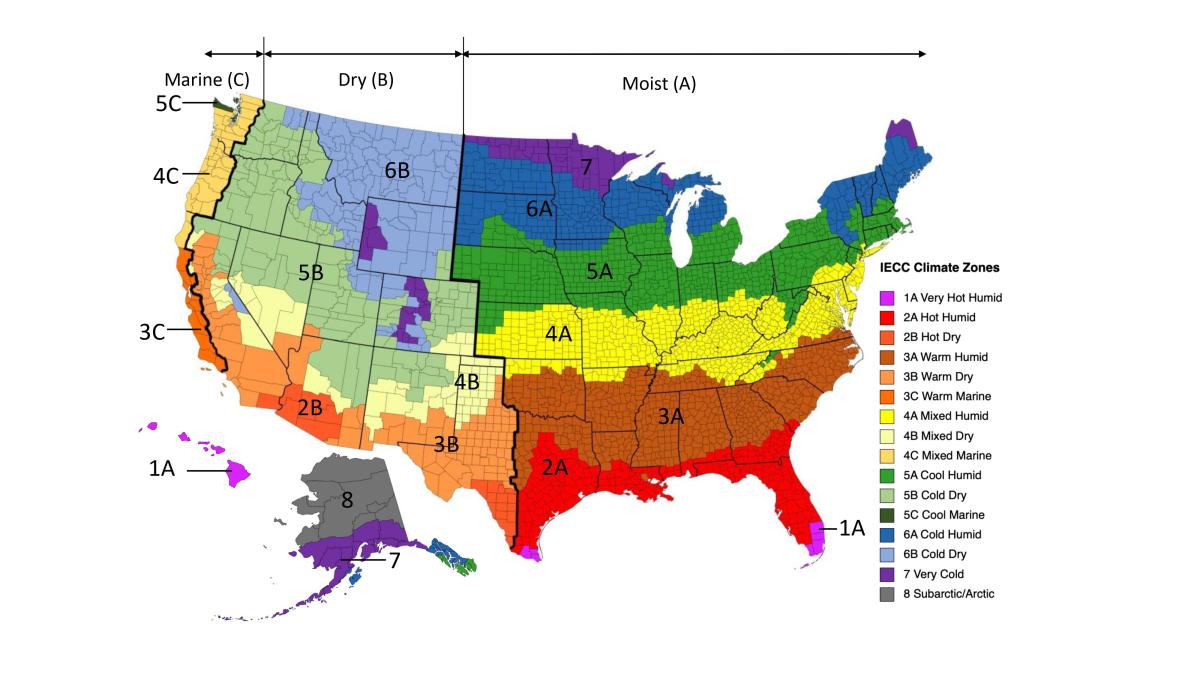 IECC USA Map of Climates Zones and the Insulation R-value requirements